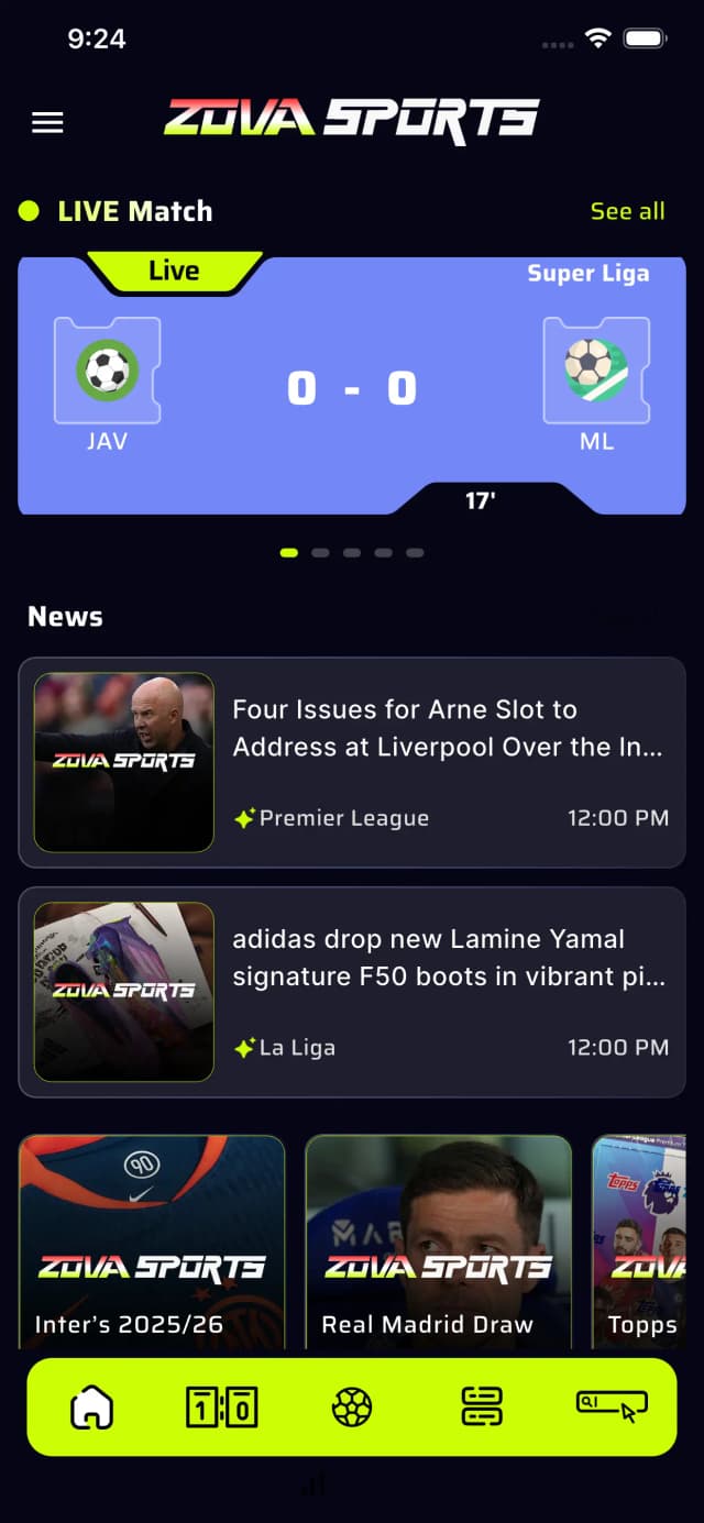 ZOVA Sports app home screen